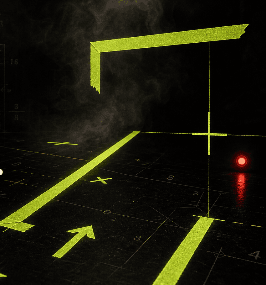 A worn black stage floor marked with fluorescent tape, paint, and a red cue light